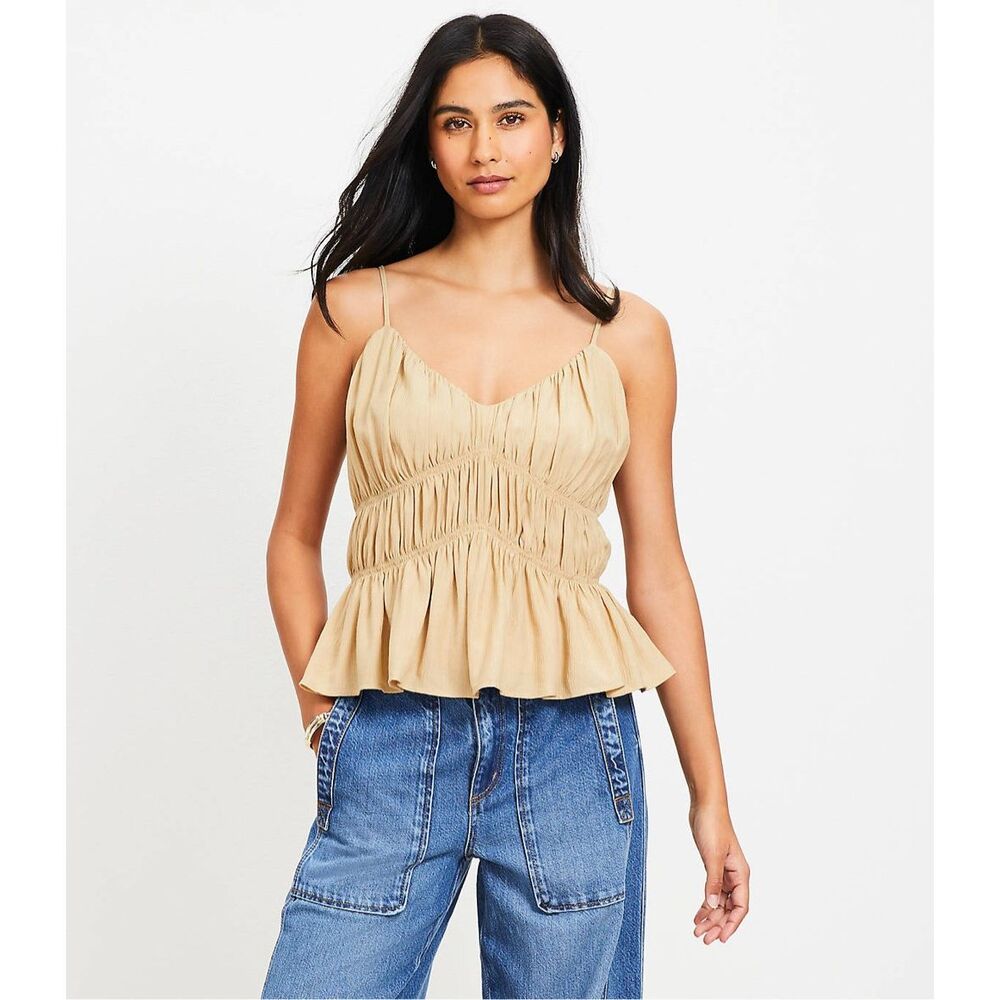 Loft Cami Tank Top Smocked V-Neck‎ Peplum NEW Soft Straw Tan Large
